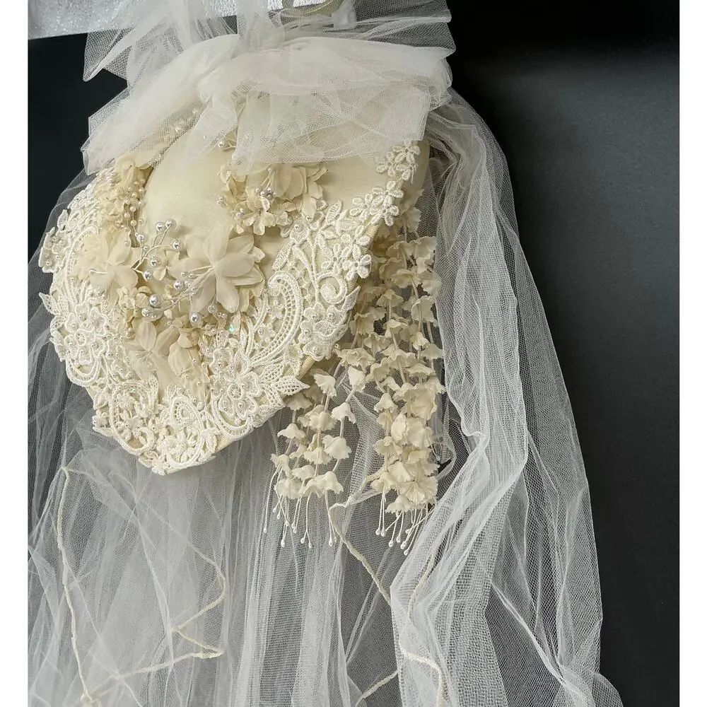 Vintage Bridal Veil Headpiece Lace Floral Pearl Juliet Cap Wedding Ivory